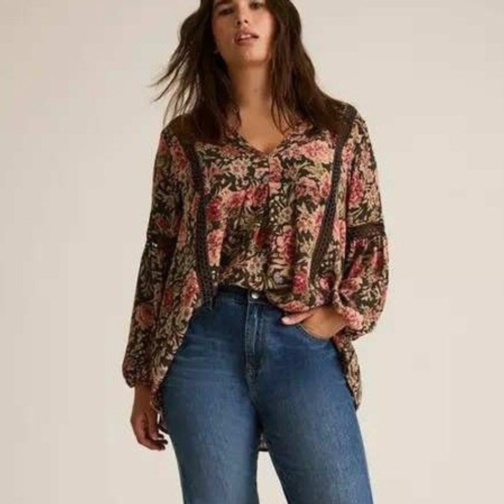 Torrid Festi Women 3 Floral Gauze Tunic Blouse Black Pink Crochet Lace Boho Puff